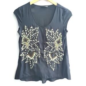The Addison Story Top‎ Small Black Green Embroidered Beaded Boho Anthropologie